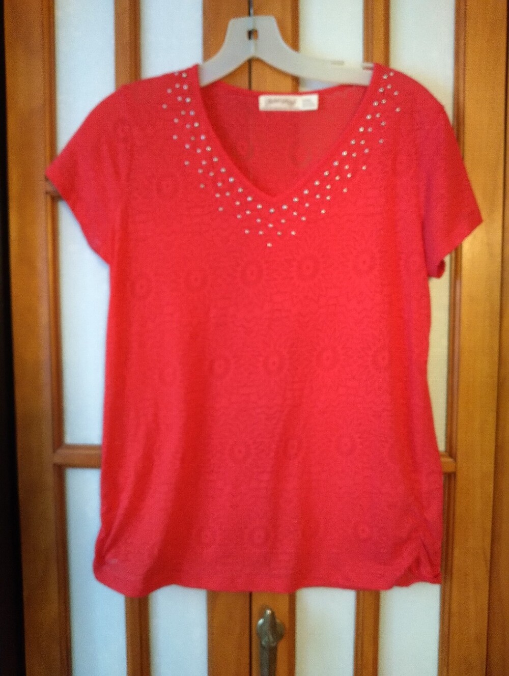 Women's Vintage Red With Silver Studs V Neck Top By Faded Glory, NWOT Sz S